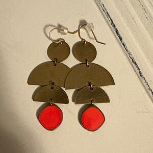 Gold Geometric and Coral Stone Earrings